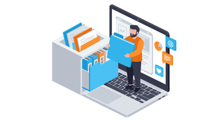 Man organizing digital files on laptop vector illustration with folder icons, suitable for office management and technology themes in isometric style