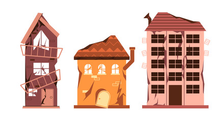 Old damaged dilapidated houses cracked walls broken windows collapsing roofs and structural damage representing abandonment destruction