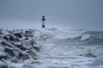 Winter storm, lighthouse by the rocks, big waves, bad weather, snowstorm, winter storm on the coast, frozen sea, strong wind, rough sea.