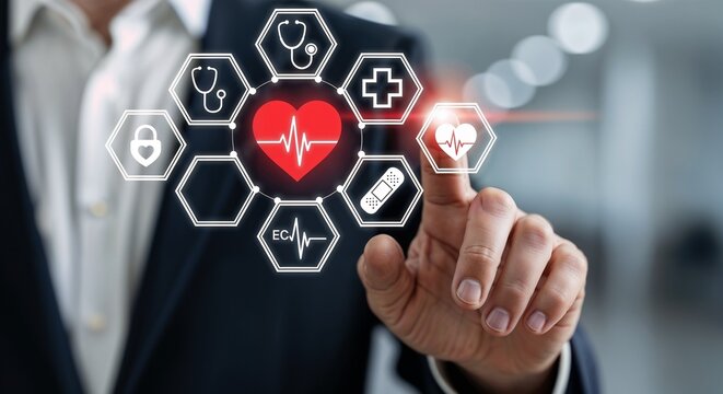 A person interacting with a digital interface displaying medical icons and a heart rate monitor symbol