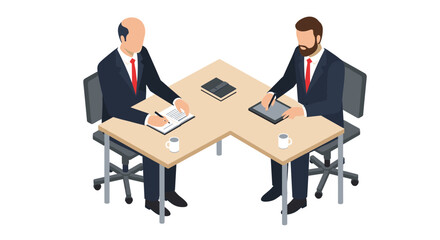 Business meeting isometric vector illustration - professionals collaborating at work desk