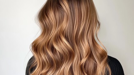 Fototapeta premium Beautiful wavy hair of woman. Back rear view. Texture and movement. Natural shine and volume. Elegant hairstyle, beauty salon, hair care, fashion. Girl fixes styling in hairdresser close up.