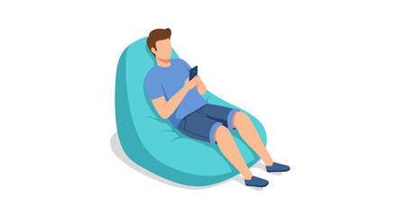 Isometric vector illustration of relaxed man using smartphone on blue bean bag for lifestyle design
