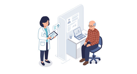 Obraz premium Healthcare consultation vector illustration featuring doctor and elderly patient in clinic setting