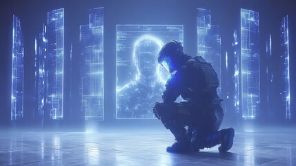 Futuristic Soldier Interacting with Holographic Technology Display