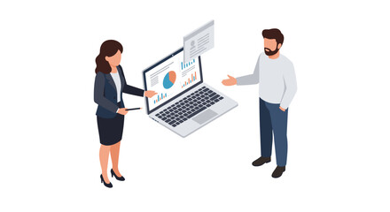 Business presentation and data analysis communication vector illustration in isometric style
