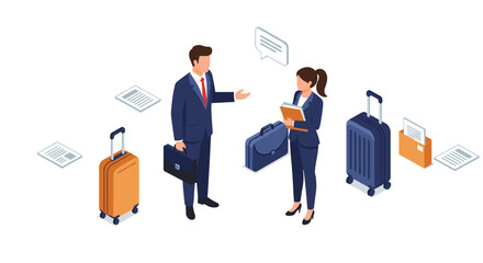 Obraz premium Business travel meeting vector illustration in isometric style for corporate design