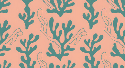 Seaweed Pattern: Teal seaweed design on peach background. Perfect for textile design, wallpaper, and branding. 