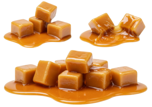 Three piles of caramel squares with melted caramel on a black isolated background for design elements