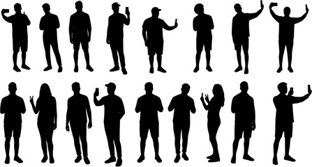 Collection of silhouette people taking selfie in different poses vector set.

