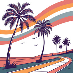 Vector art of palm trees along a coastal road at sunset, isolated on transparent background