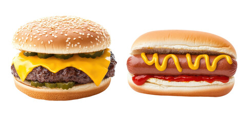 Cheeseburger and hot dog with condiments isolated on a transparent background hamburger