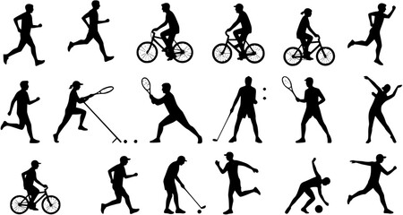 Vector silhouette collection of active senior people women and men playing different sports