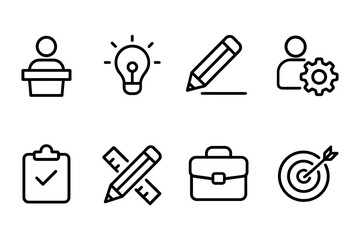 Business and productivity icons: lightbulb, toolbox, target, vector illustration
