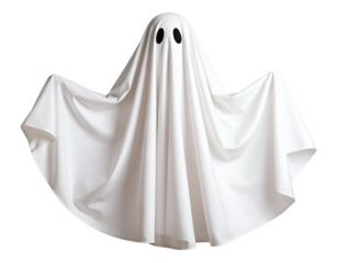 A mysterious draped figure with dark eyeholes extends its arms, creating a classic spooky presence.