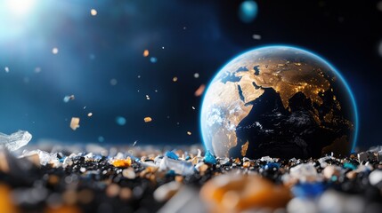 Fototapeta premium Earth from space overlaid with transparent images of plastic pollution