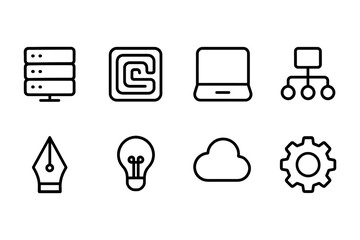 Technology and innovation icons featuring server, design, and network elements, vector illustration