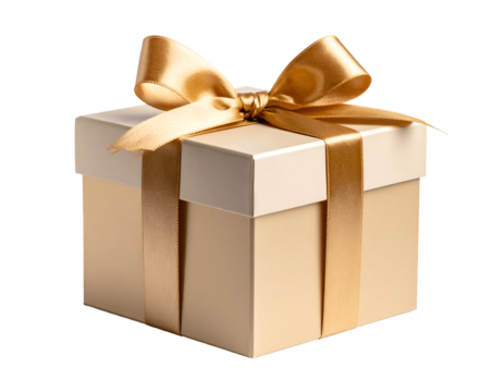 A charming beige gift box with a radiant golden ribbon tied in a neat bow, ready for joyous giving.