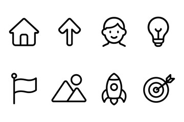 Minimalistic line icons of home, growth, person, innovation, achievement, exploration, and goals, vector illustration