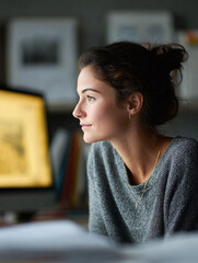 Thoughtful young woman gazing into the distance. Portrait conveying inspiration, focus, and ambition. Ideal for themes of career, intellect, creativity, and modern life.