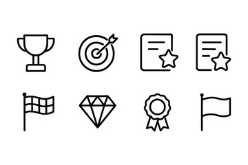 Achievement and success icons set featuring trophy, target, certificate, diamond, and flag, vector illustration