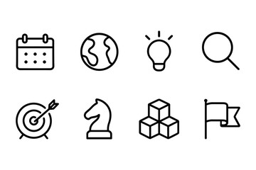Simple icon set featuring calendar, globe, lightbulb, magnifying glass, target, chess piece, cubes, and flag, vector illustration
