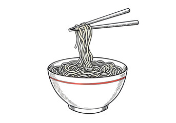 Illustration of a bowl of noodles with chopsticks on a black background in a cartoon style