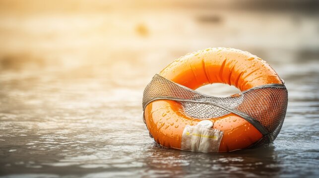 Bright Orange Life Ring Floating in Calm Water at Sunset Glow