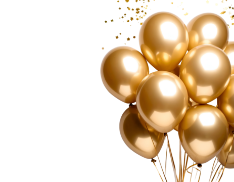 Shimmering golden balloons and scattered confetti evoke a luxurious and celebratory mood for special events.