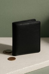 A black leather wallet on a neutral surface with some loose coins