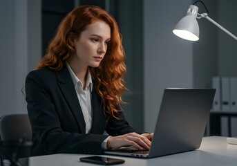 Focused Professional Financial IT Specialist with Wavy Red Hair Working on Laptop in Office