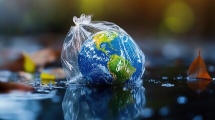 Earth trapped inside a clear plastic bag with condensation and debris