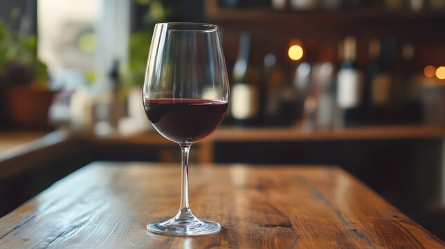Pensive Moments: A Gleaming Glass of Red Wine Resting on a Rustic Wooden Bar Top