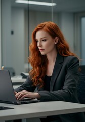 Focused Professional Financial IT Specialist with Wavy Red Hair Working on Laptop in Office