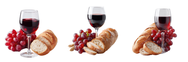 A Set of delightful arrangement of red wine, fresh grapes, and artisan bread, perfect for a rustic dining experience or celebration, Isolated on transparent Background.