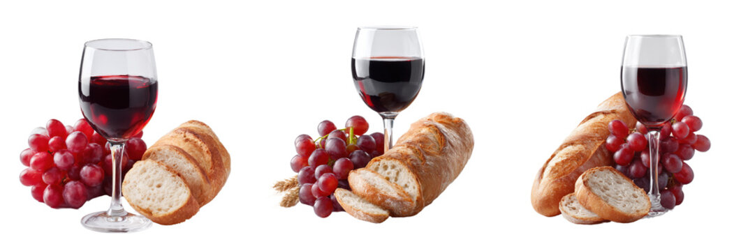 A Set of delightful arrangement of red wine, fresh grapes, and artisan bread, perfect for a rustic dining experience or celebration, Isolated on transparent Background.