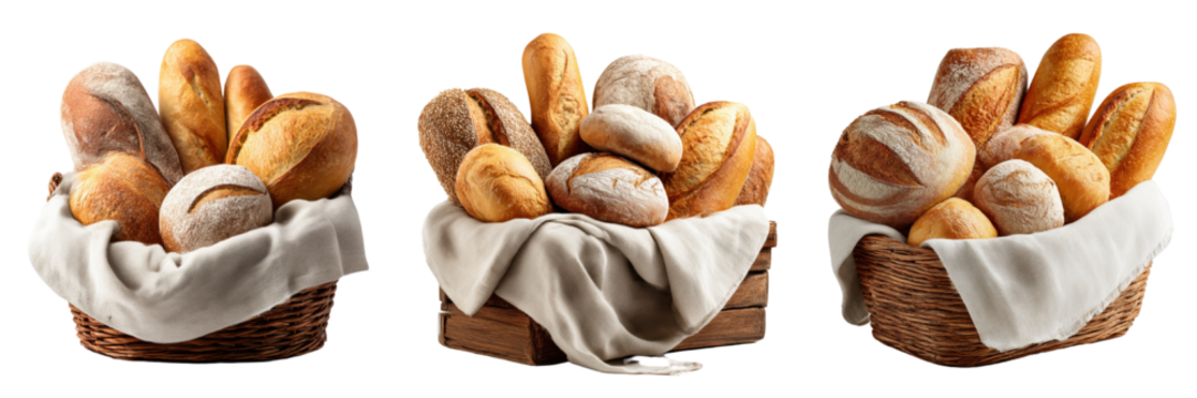 A collection of freshly baked breads arranged in baskets, showcasing a variety of textures and colors for food enthusiasts, Isolated on transparent Background.