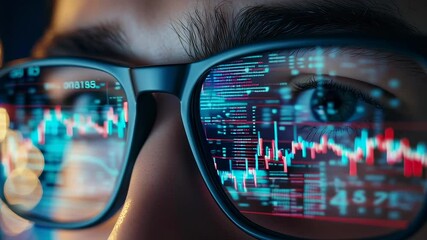 A person is wearing glasses with a blue screen in front of their eyes. Concept of technology and the idea of being immersed in a digital world - Powered by Adobe