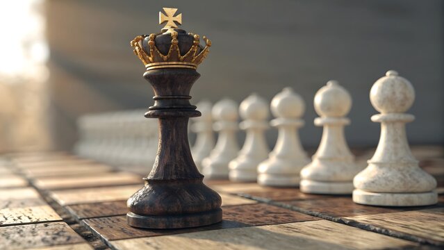 Majestic golden crown on a dark king chess piece with pawns in the background - Powered by Adobe