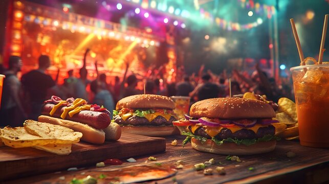 Delicious Burgers, Hot Dogs, and Drinks at a Vibrant Outdoor Music Festival or Lively Event