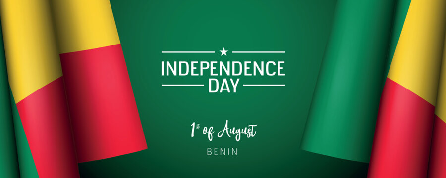 Benin independence day vector banner, greeting card. Benini wavy flag in 1st of August national patriotic holiday horizontal design