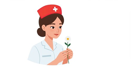 Illustration of a smiling nurse holding a daisy flower on a white background