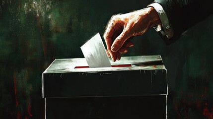 Hand dropping ballot into dark election box.