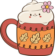 Cute Autumn Mug with Whipped Cream Fall Hot Drink Character