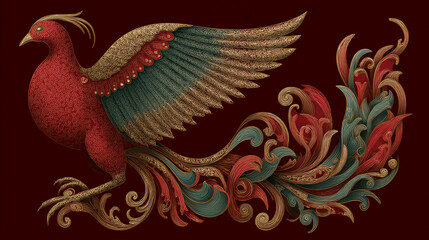 Ornamental phoenix with flowing tail feathers, traditional red and gold brush design