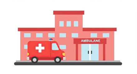 Illustration of an ambulance parked outside a hospital building on a white background