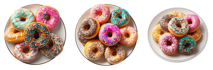 A Set of Delicious assorted donuts with vibrant icing on white plates, perfect for breakfast or dessert cravings, Isolated on transparent Background.