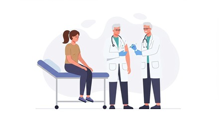 Illustration of a young woman receiving a vaccination from a doctor in a clinic