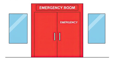 Illustration of an Emergency Room Entrance with Glass Windows and Red Doors