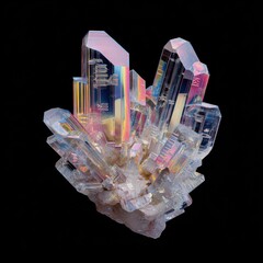 Beautiful Crystalline Structure With Iridescent Facets Against A Black Background